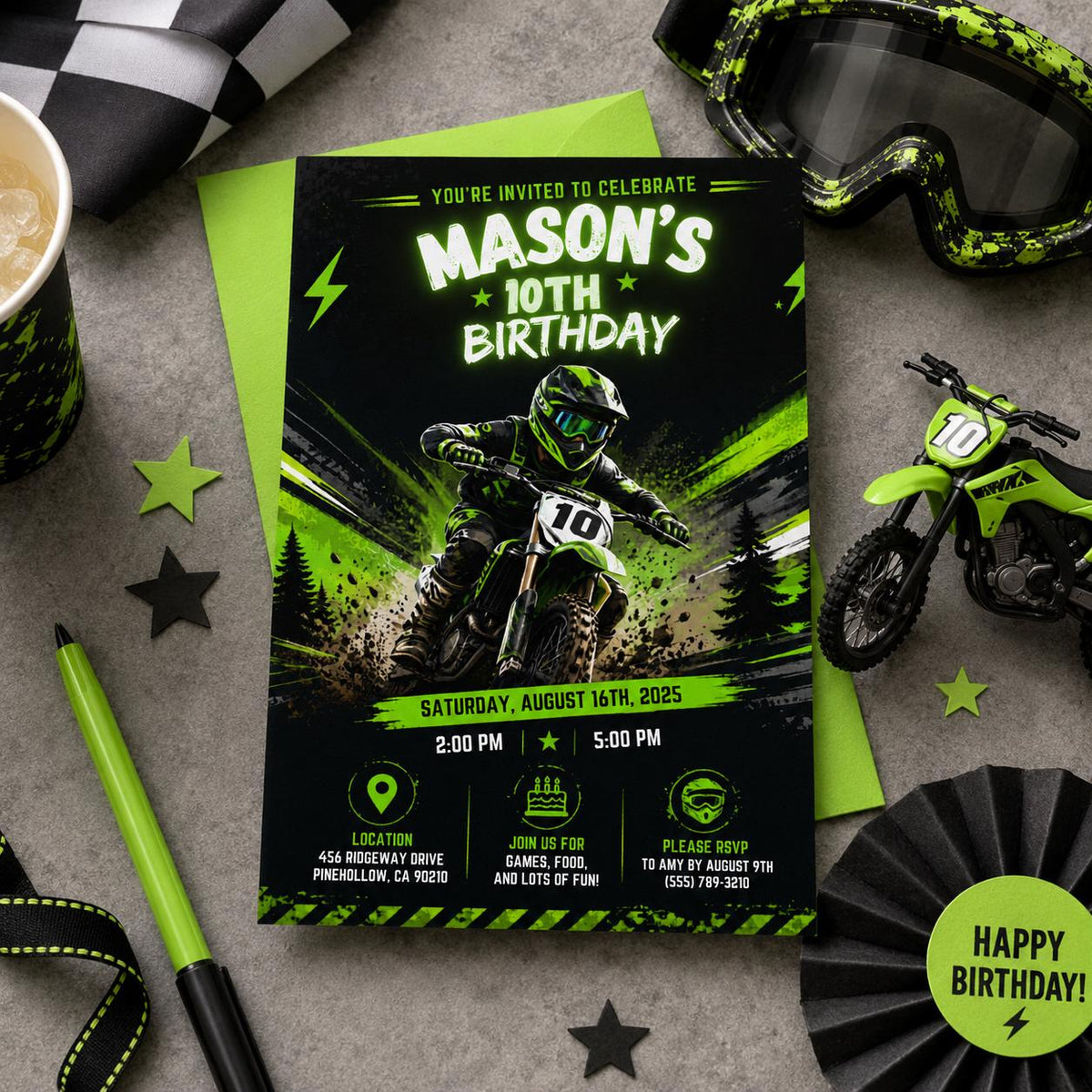 Editable Motocross Birthday Invitation Canva Template, Kids Cute Modern Fun Themed Custom DIY Chic Party Invite, Printable Digital Download.
