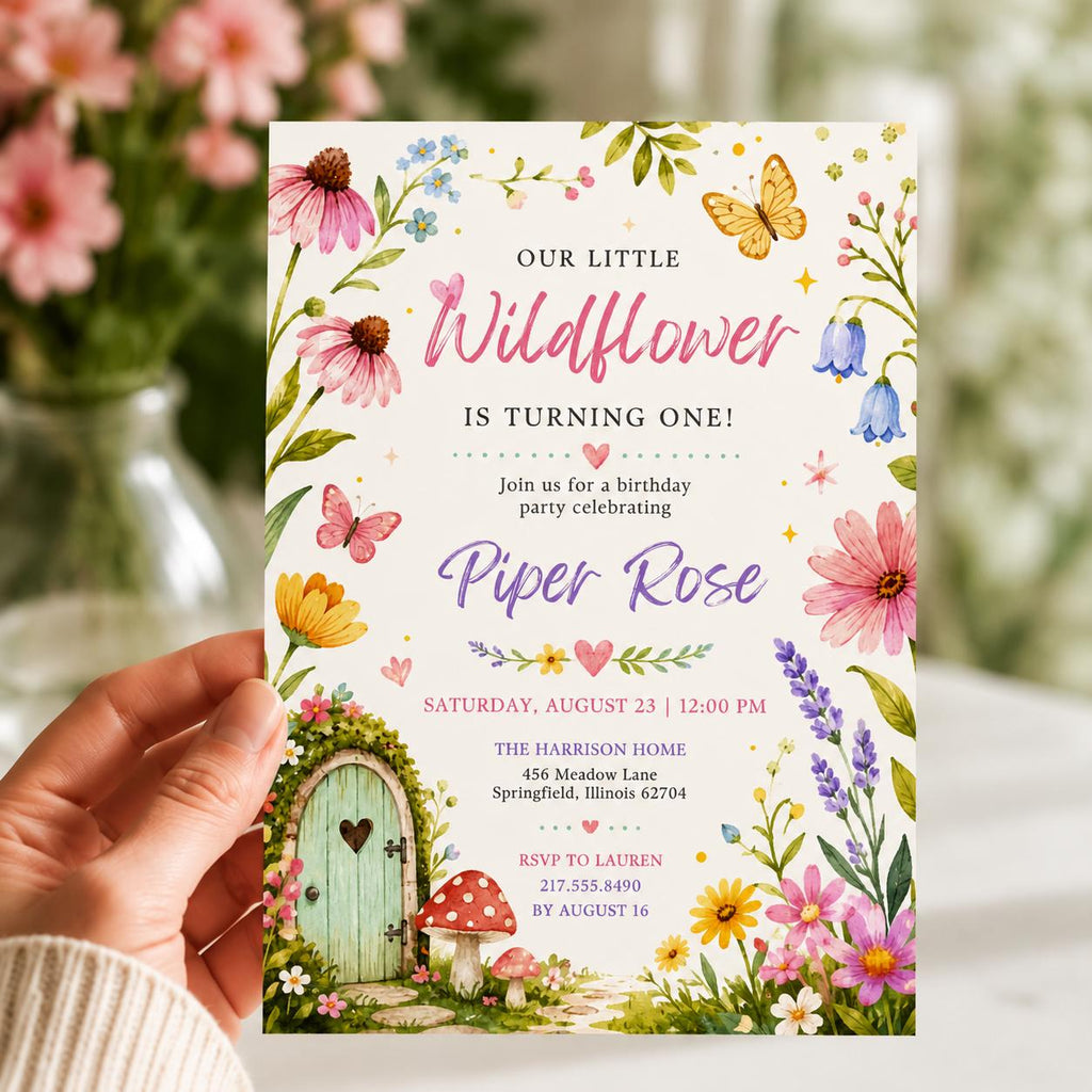 Editable Wildflower Birthday Invitation Canva Template, Floral Girls Kids Adult Cute Fun DIY Sweet Party Invite, Printable Digital Download.