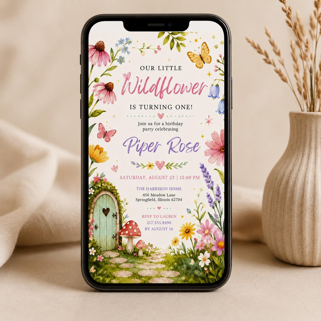 Editable Wildflower Birthday Invitation Canva Template, Floral Girls Kids Adult Cute Fun DIY Sweet Party Invite, Printable Digital Download.