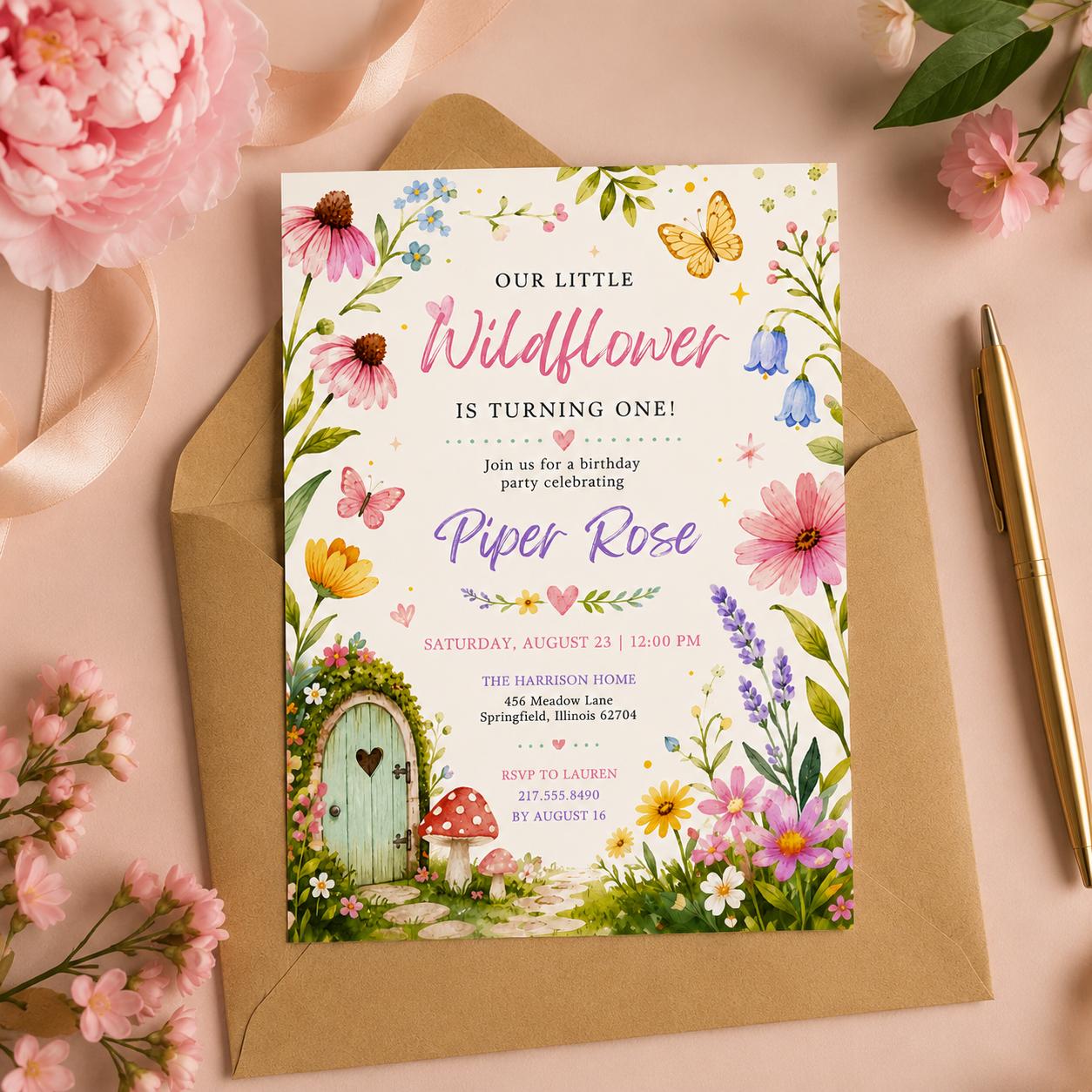 Editable Wildflower Birthday Invitation Canva Template, Floral Girls Kids Adult Cute Fun DIY Sweet Party Invite, Printable Digital Download.