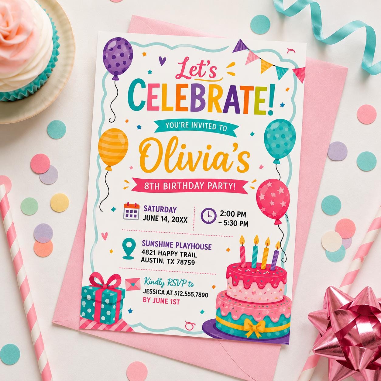 Editable Let Celebrate Birthday Invitation Canva Template, Girls Cute Fun DIY Sweet Chic Kids Teen Party Invite, Printable Digital Download.