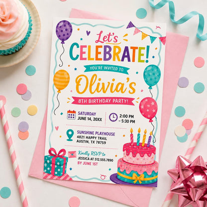 Editable Let Celebrate Birthday Invitation Canva Template, Girls Cute Fun DIY Sweet Chic Kids Teen Party Invite, Printable Digital Download.