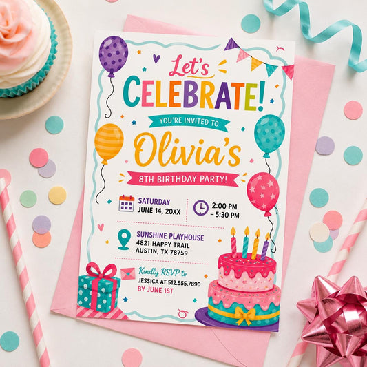 Editable Let Celebrate Birthday Invitation Canva Template, Girls Cute Fun DIY Sweet Chic Kids Teen Party Invite, Printable Digital Download.