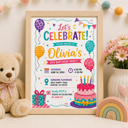 Editable Let Celebrate Birthday Invitation Canva Template, Girls Cute Fun DIY Sweet Chic Kids Teen Party Invite, Printable Digital Download.