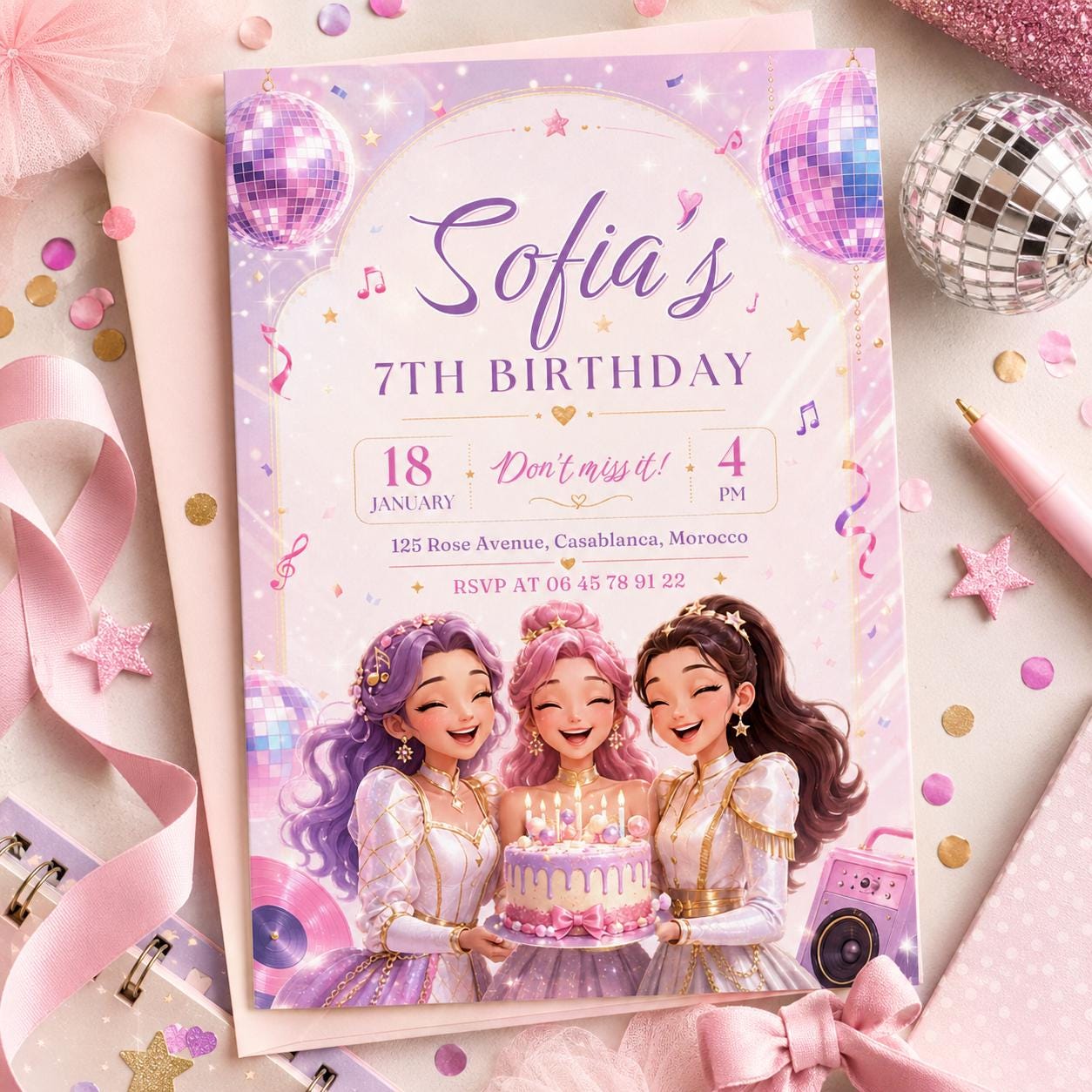 Editable Neon Pop Music Birthday Invitation Canva Template, Girls Concert Ticket Style Bright Glow Party Invite, Printable Digital Download.