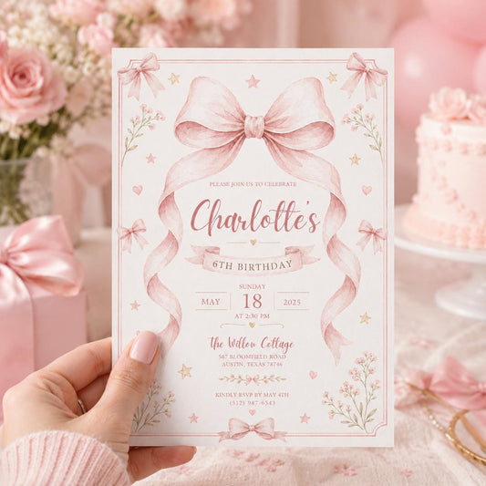 Editable Pink Bow Birthday Invitation Canva Template, Blue Floral Girls Kids Bow Cute Fun DIY Chic Party Invite, Printable Digital Download.