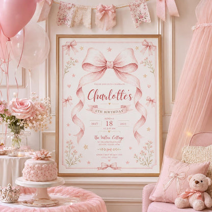 Editable Pink Bow Birthday Invitation Canva Template, Blue Floral Girls Kids Bow Cute Fun DIY Chic Party Invite, Printable Digital Download.