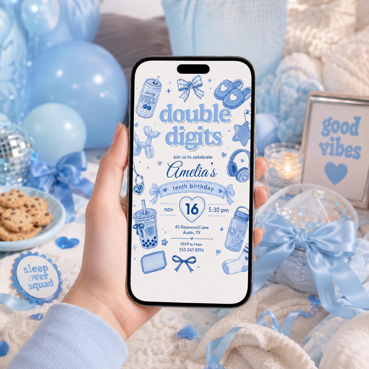 Editable Preppy Birthday Invitation Canva Template, Blue Modern Girls Kids Teens Cute Fun DIY Chic Party Invite, Printable Digital Download.