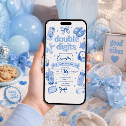 Editable Preppy Birthday Invitation Canva Template, Blue Modern Girls Kids Teens Cute Fun DIY Chic Party Invite, Printable Digital Download.