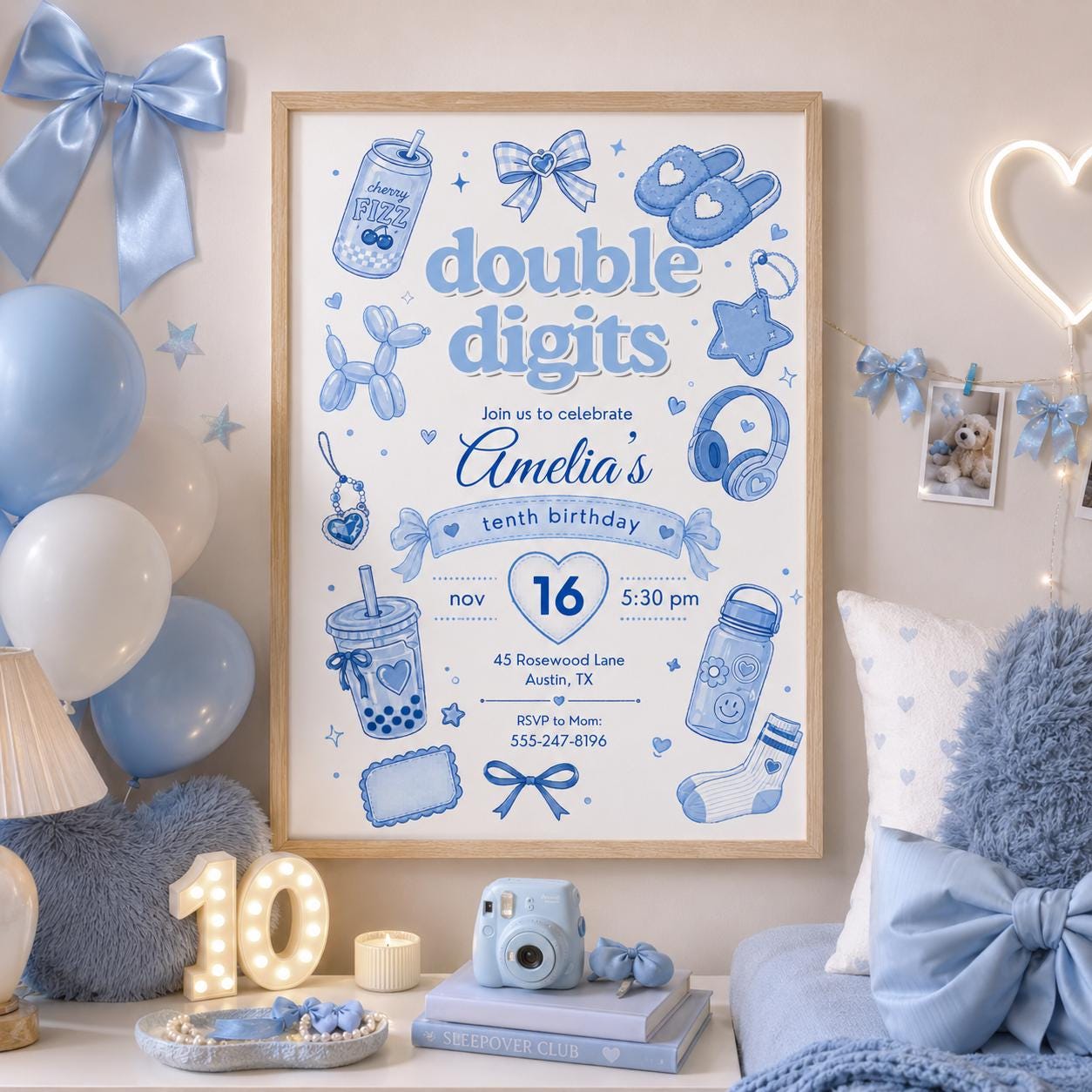 Editable Preppy Birthday Invitation Canva Template, Blue Modern Girls Kids Teens Cute Fun DIY Chic Party Invite, Printable Digital Download.