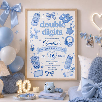 Editable Preppy Birthday Invitation Canva Template, Blue Modern Girls Kids Teens Cute Fun DIY Chic Party Invite, Printable Digital Download.
