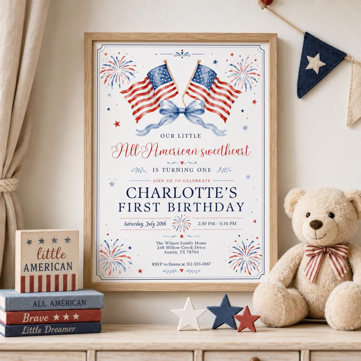 Editable All American Birthday Invitation Canva Template, Blue White Red Girls Kids Modern Fun DIY Party Invite, Printable Digital Download.