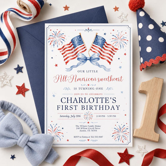 Editable All American Birthday Invitation Canva Template, Blue White Red Girls Kids Modern Fun DIY Party Invite, Printable Digital Download.