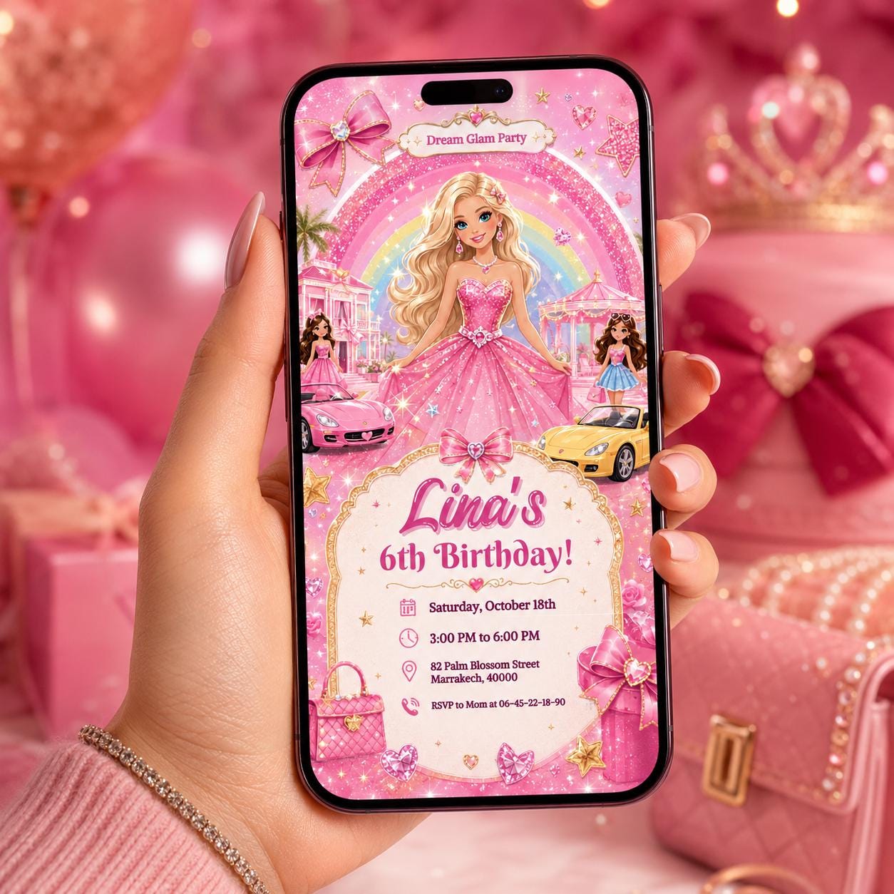 Editable Fashion Doll Birthday Invitation Canva Template, Pink Girls Cute Modern Fun DIY Chic Kids Party Invite, Printable Digital Download.