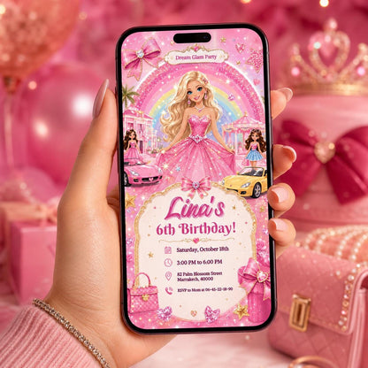 Editable Fashion Doll Birthday Invitation Canva Template, Pink Girls Cute Modern Fun DIY Chic Kids Party Invite, Printable Digital Download.
