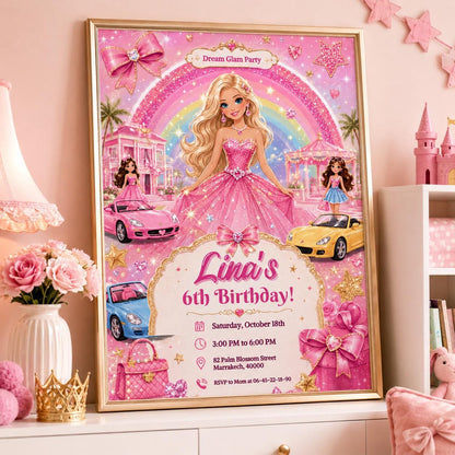 Editable Fashion Doll Birthday Invitation Canva Template, Pink Girls Cute Modern Fun DIY Chic Kids Party Invite, Printable Digital Download.