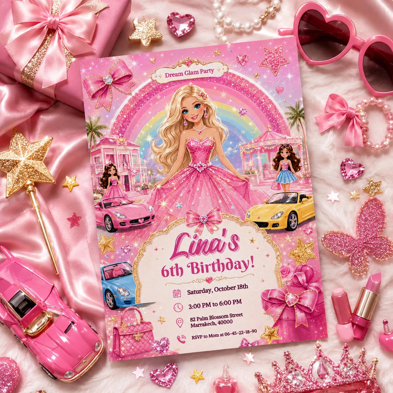 Editable Fashion Doll Birthday Invitation Canva Template, Pink Girls Cute Modern Fun DIY Chic Kids Party Invite, Printable Digital Download.