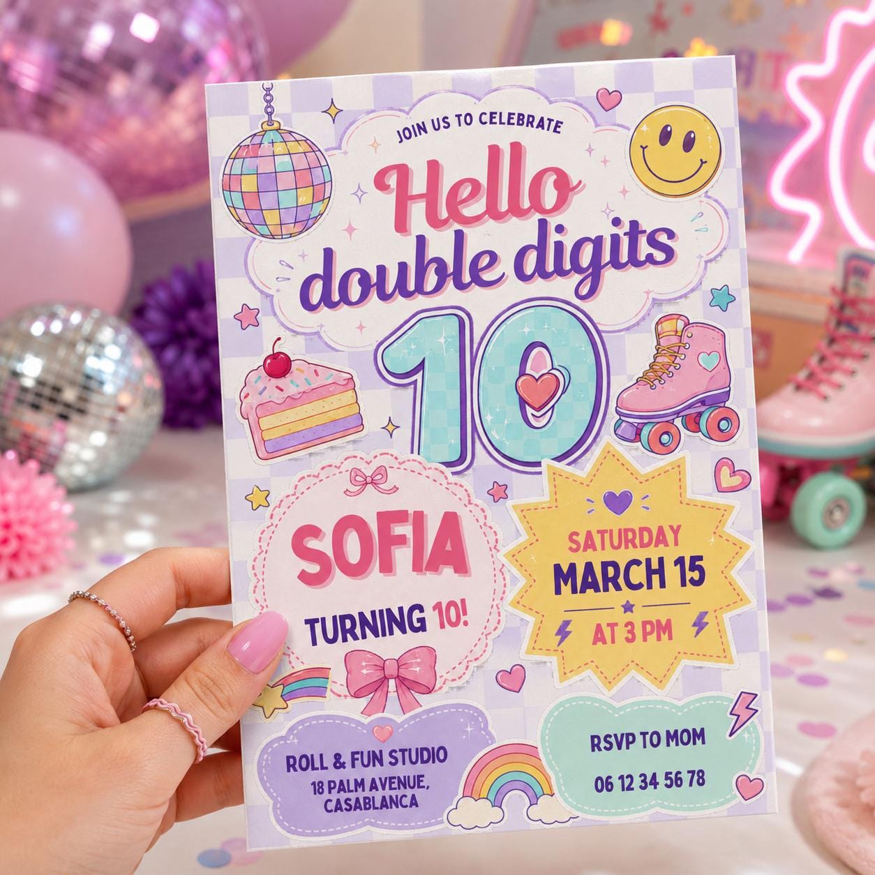 Editable Preppy Birthday Invitation Canva Template, Retro Girls Kids Teens Cute Fun DIY Sweet Chic Party Invite, Printable Digital Download.