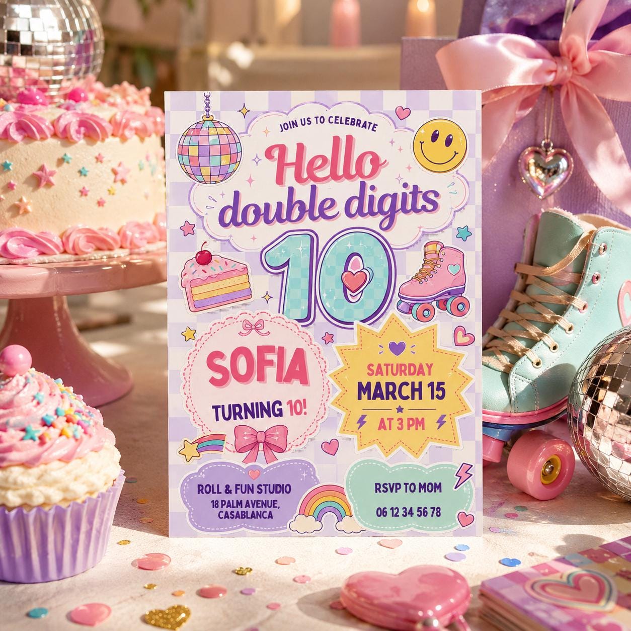 Editable Preppy Birthday Invitation Canva Template, Retro Girls Kids Teens Cute Fun DIY Sweet Chic Party Invite, Printable Digital Download.