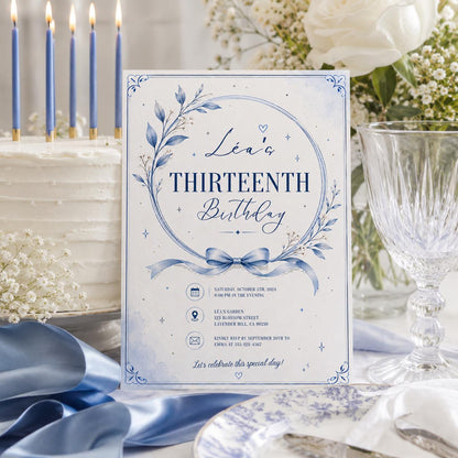 Editable Blue Birthday Invitation Canva Template, Floral Trendy Girls Teens Cute Fun DIY Chic Kids Party Invite, Printable Digital Download.
