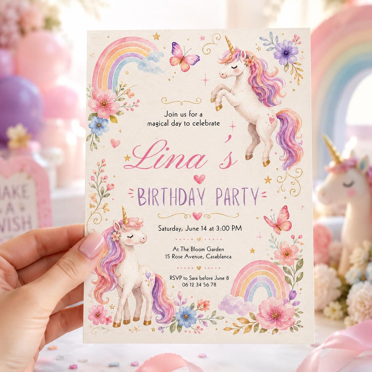 Editable Unicorn Birthday Invitation Canva Template, Pink Pastel Girls Kids Cute Fun DIY Chic Teen Party Invite, Printable Digital Download.