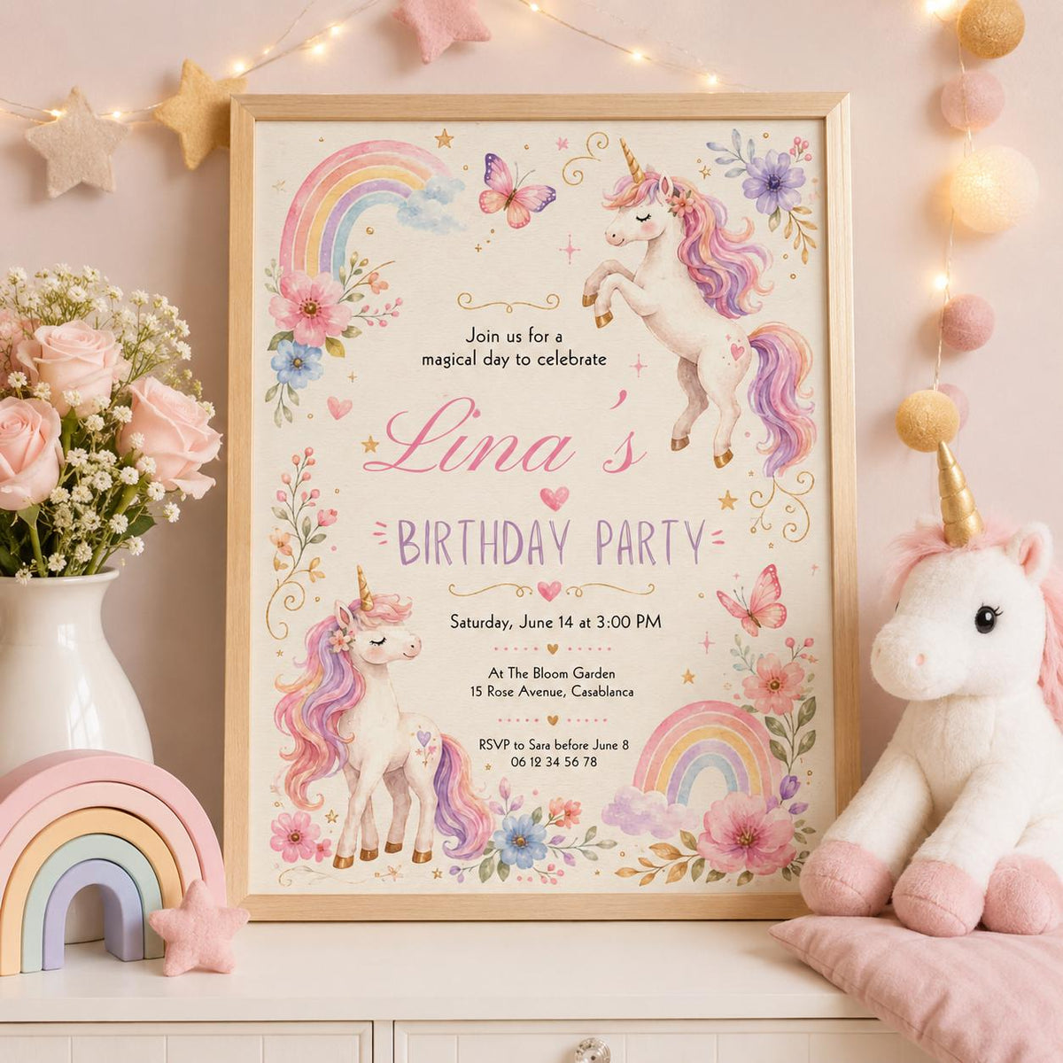 Editable Unicorn Birthday Invitation Canva Template, Pink Pastel Girls Kids Cute Fun DIY Chic Teen Party Invite, Printable Digital Download.