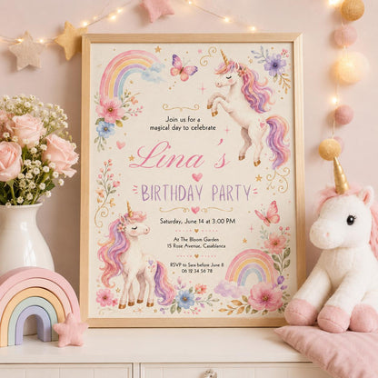 Editable Unicorn Birthday Invitation Canva Template, Pink Pastel Girls Kids Cute Fun DIY Chic Teen Party Invite, Printable Digital Download.