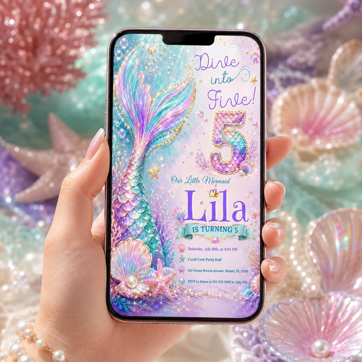 Editable Mermaid Birthday Invitation Canva Template, Pink Blue Purple Neon Girls Kids Cute Fun DIY Party Invite, Printable Digital Download.