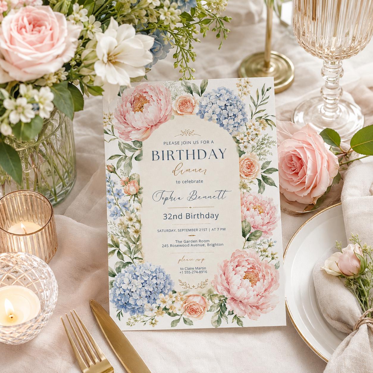 Editable Floral Birthday Invitation Canva Template, Girls Adult Floral Cute Fun DIY Chic Kids Teen Party Invite, Printable Digital Download.