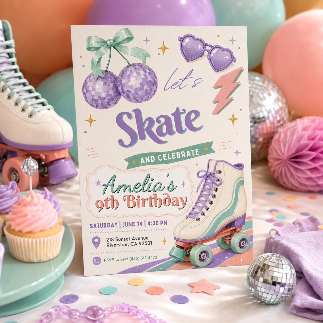 Editable Cherry Birthday Invitation Canva Template, Pink Preppy Girls Teens Cute Fun DIY Chic Kids Party Invite, Printable Digital Download.