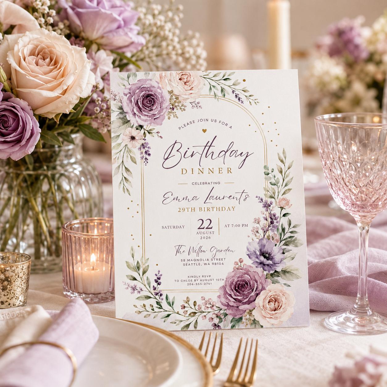 Editable Floral Birthday Invitation Canva Template, Luxury Girls Adult Cute Fun DIY Chic Kids Teen Party Invite, Printable Digital Download.