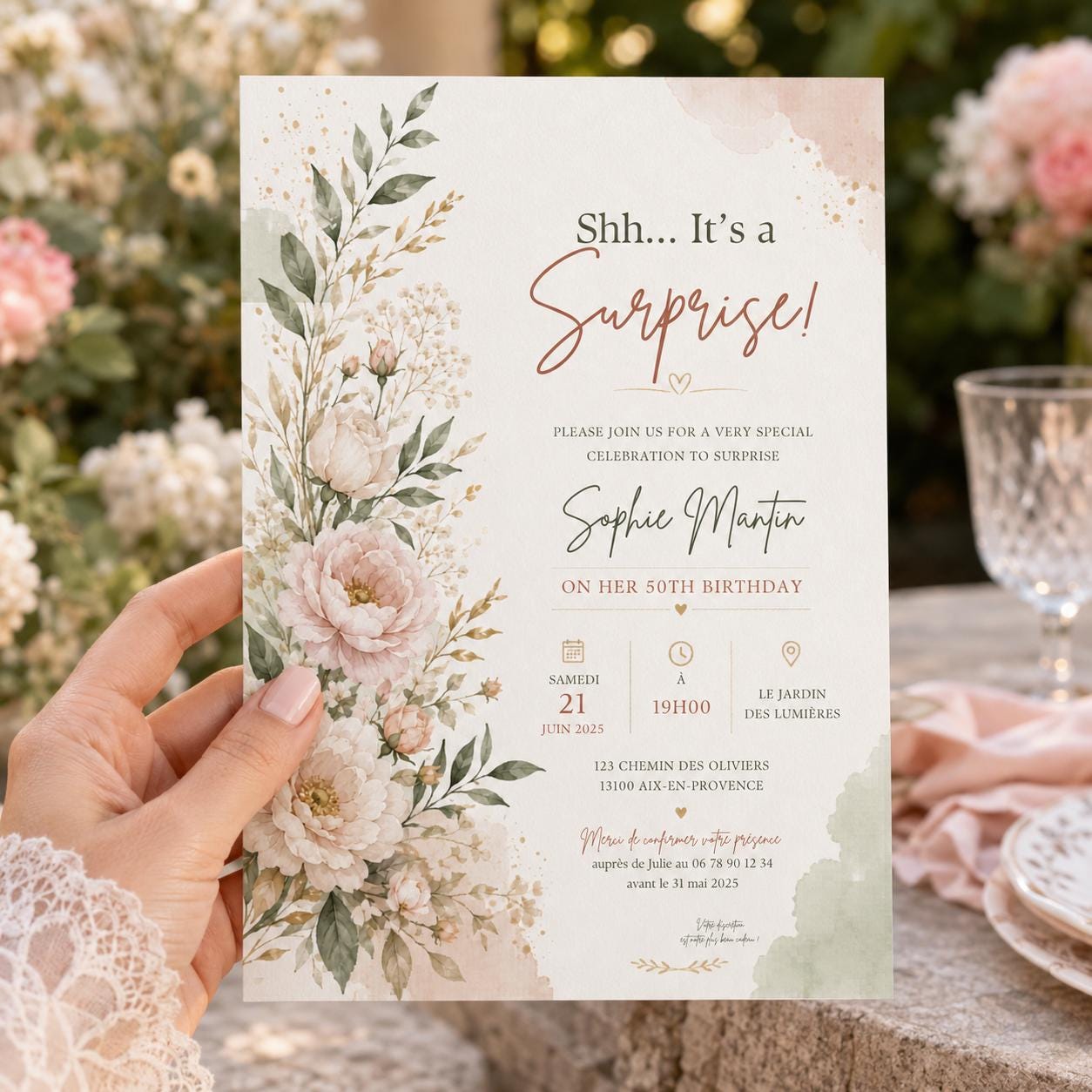 Editable Wildflowers Surprise 70th 80th Birthday Invitation Canva Template, Gold Cute Fun DIY Chic Party Invite, Printable Digital Download.