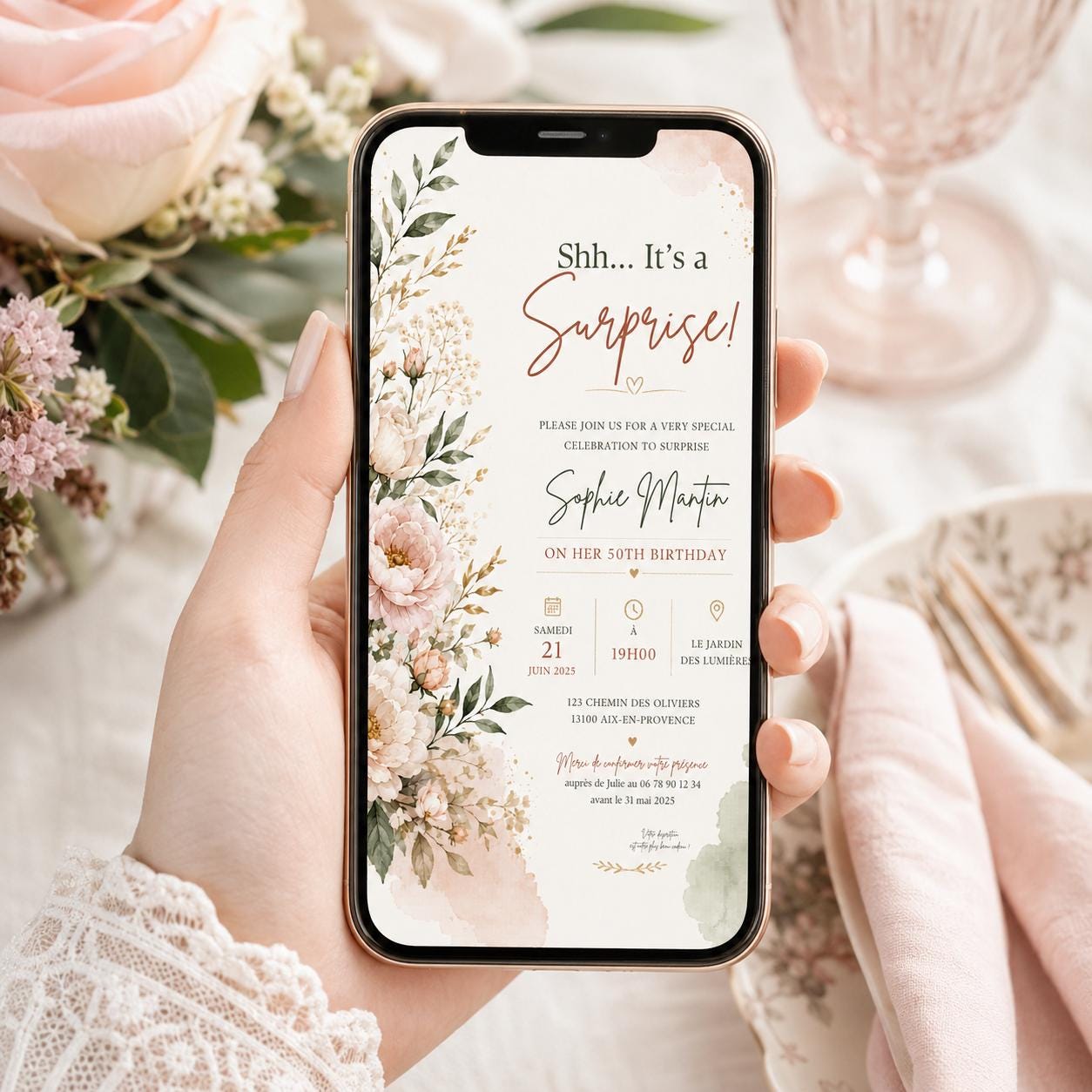 Editable Wildflowers Surprise 70th 80th Birthday Invitation Canva Template, Gold Cute Fun DIY Chic Party Invite, Printable Digital Download.
