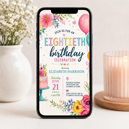 Editable Floral Birthday Invitation Canva Template, Purple Red Girls Teens Adult Cute Fun DIY Chic Party Invite, Printable Digital Download.