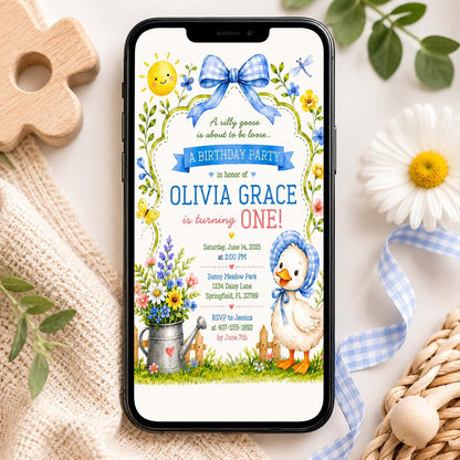 Editable Silly Goose Birthday Invitation Canva Template, Girls Cute Modern Fun DIY Sweet Chic Kids Party Invite, Printable Digital Download.