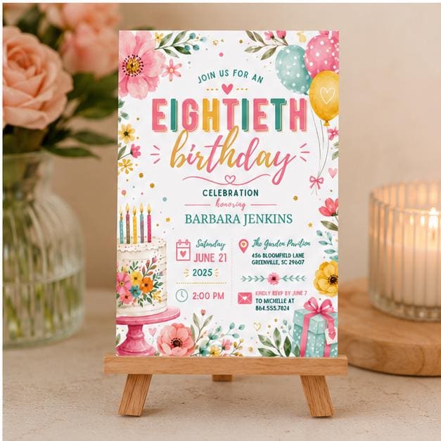 Editable Floral Birthday Invitation Canva Template, Gold Cream Pastel Adult Cute Fun DIY Chic Kids Party Invite, Printable Digital Download.