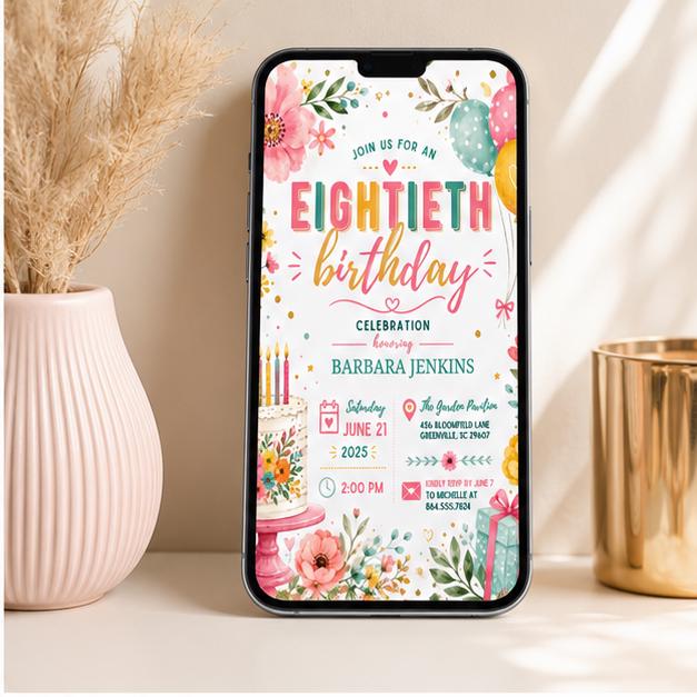 Editable Floral Birthday Invitation Canva Template, Gold Cream Pastel Adult Cute Fun DIY Chic Kids Party Invite, Printable Digital Download.
