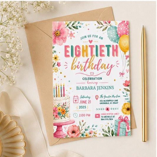 Editable Floral Birthday Invitation Canva Template, Gold Cream Pastel Adult Cute Fun DIY Chic Kids Party Invite, Printable Digital Download.