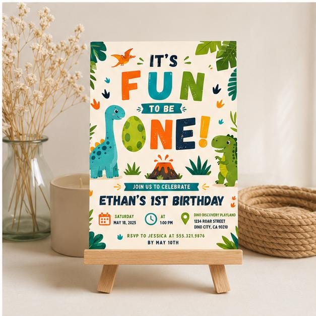 Editable Dinosaur Birthday Invitation Canva Template, Boys Kids Dino Cute Modern Fun DIY Chic Teen Party Invite, Printable Digital Download.