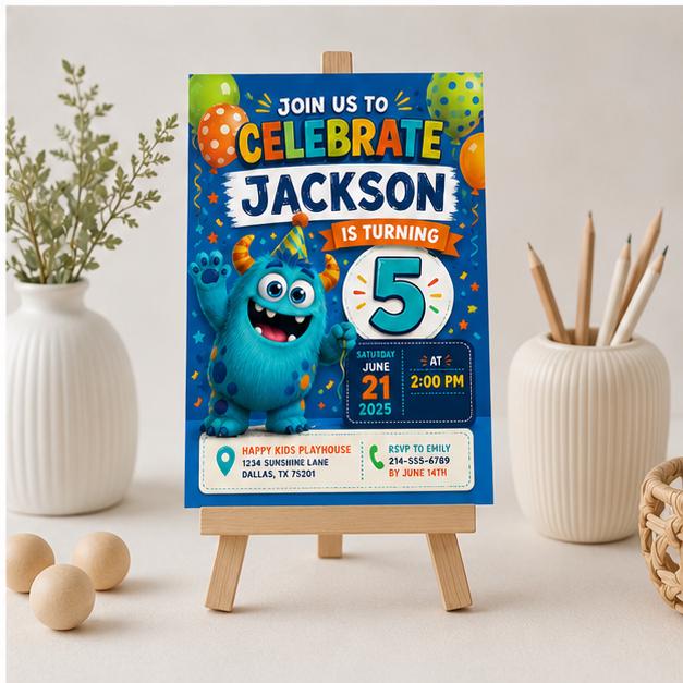 Editable Monster Birthday Invitation Canva Template, Boys Kids Cute Modern Fun DIY Sweet Chic Teen Party Invite, Printable Digital Download.