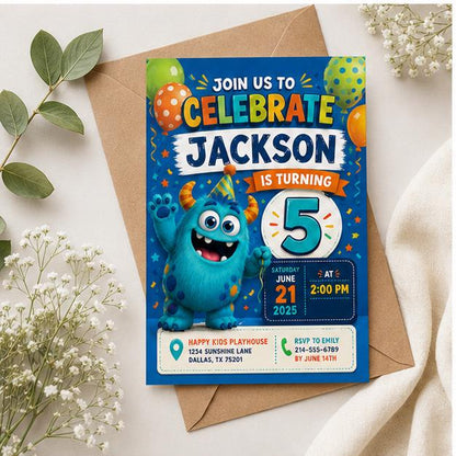 Editable Monster Birthday Invitation Canva Template, Boys Kids Cute Modern Fun DIY Sweet Chic Teen Party Invite, Printable Digital Download.