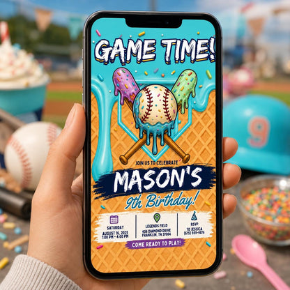 Editable Baseball Drip Birthday Invitation Canva Template, Cream Boys Kids Cute Fun DIY Sweet Chic Party Invite, Printable Digital Download.