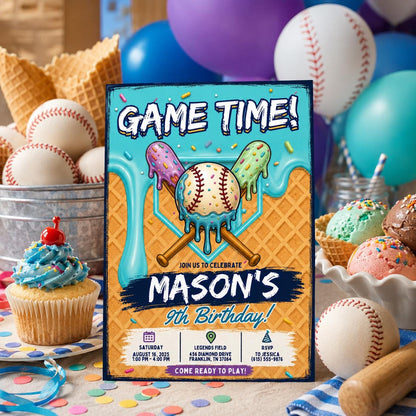 Editable Baseball Drip Birthday Invitation Canva Template, Cream Boys Kids Cute Fun DIY Sweet Chic Party Invite, Printable Digital Download.