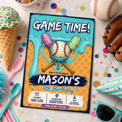 Editable Baseball Drip Birthday Invitation Canva Template, Cream Boys Kids Cute Fun DIY Sweet Chic Party Invite, Printable Digital Download.