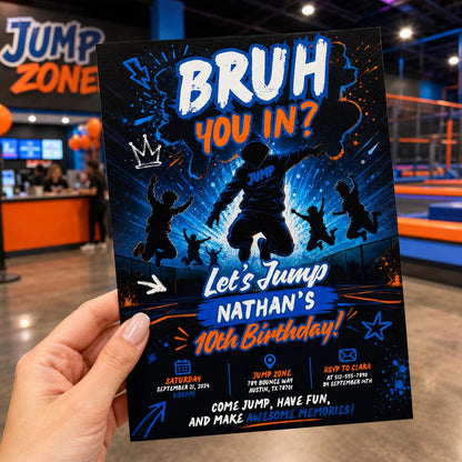 Editable Trampoline Birthday Invitation Canva Template, Boys Teens Cute Modern Fun Themed DIY Chic Party Invite, Printable Digital Download.