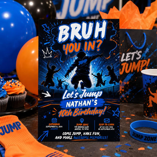 Editable Trampoline Birthday Invitation Canva Template, Boys Teens Cute Modern Fun Themed DIY Chic Party Invite, Printable Digital Download.