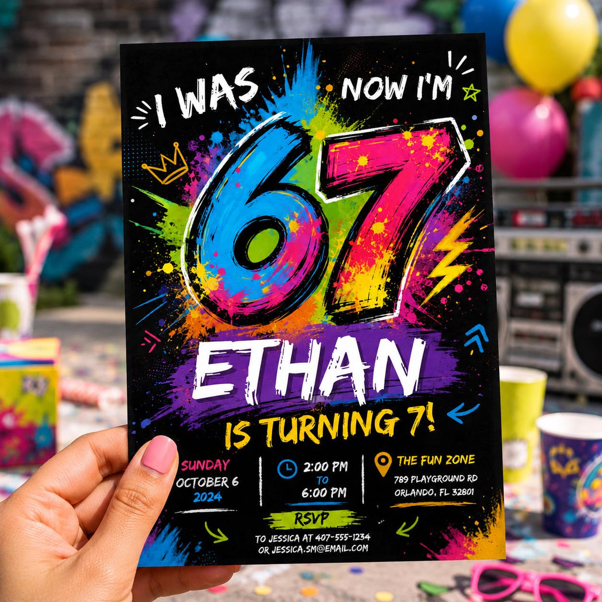 Editable Six Seven Birthday Invitation Canva Template, Boys Kids Teens Cute Modern Fun Instant DIY Party Invite, Printable Digital Download.