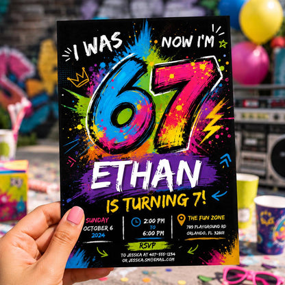 Editable Six Seven Birthday Invitation Canva Template, Boys Kids Teens Cute Modern Fun Instant DIY Party Invite, Printable Digital Download.