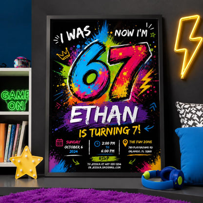 Editable Six Seven Birthday Invitation Canva Template, Boys Kids Teens Cute Modern Fun Instant DIY Party Invite, Printable Digital Download.