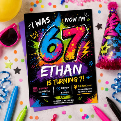 Editable Six Seven Birthday Invitation Canva Template, Boys Kids Teens Cute Modern Fun Instant DIY Party Invite, Printable Digital Download.